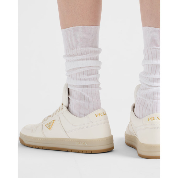Prada Downtown Ivory Nappa Leather Gold Logo Flat Low Top Trainer Sneaker 41 - Picture 5 of 16